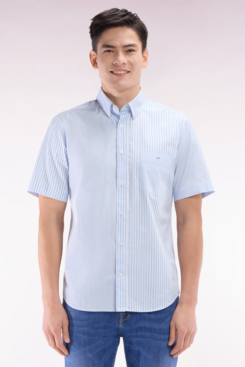 Straight short-sleeved shirt in sky blue striped poplin cotton - Image 1