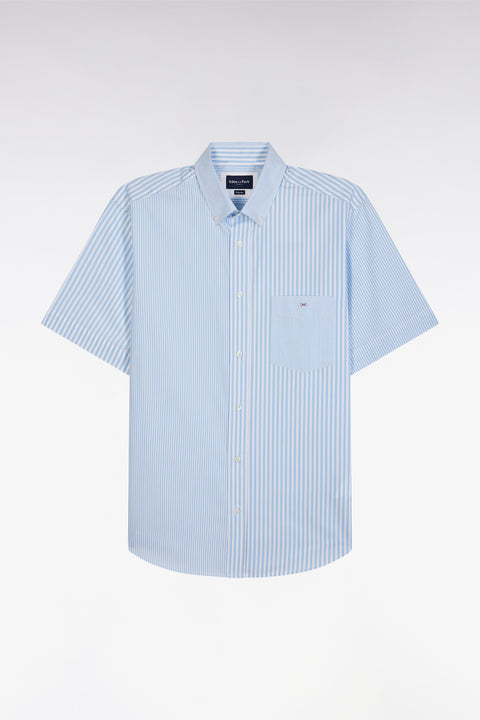 Straight short-sleeved shirt in sky blue striped poplin cotton - Image 2
