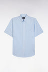 Straight short-sleeved shirt in sky blue striped poplin cotton