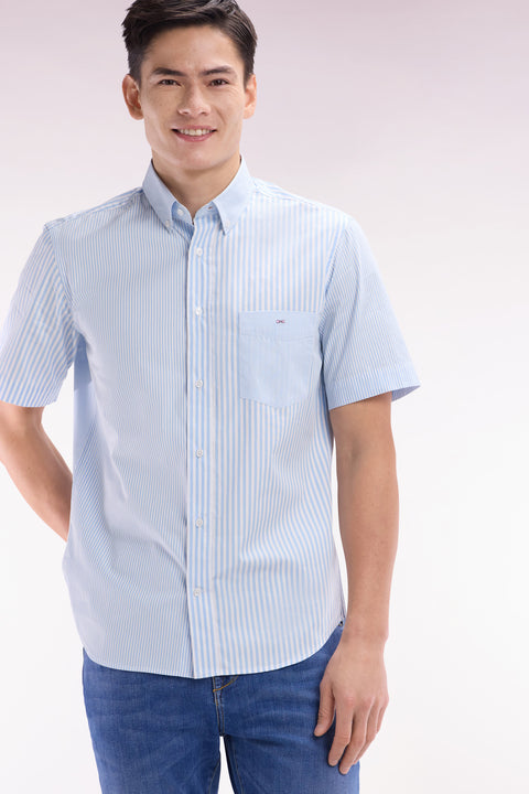 Straight short-sleeved shirt in sky blue striped poplin cotton - Image 3