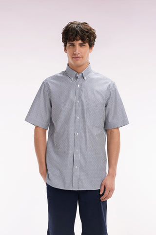 Straight short-sleeved shirt in dark blue striped jacquard