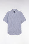 Straight short-sleeved shirt in dark blue striped jacquard