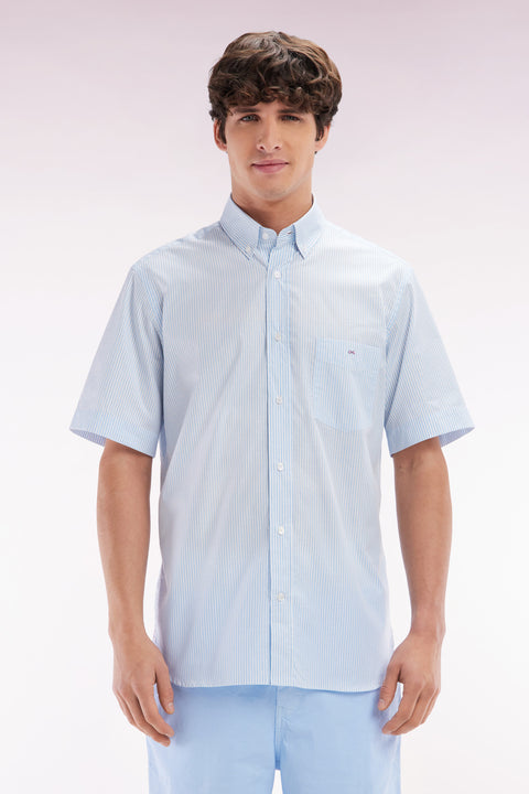 Straight short-sleeved shirt in sky blue striped jacquard - Image 1