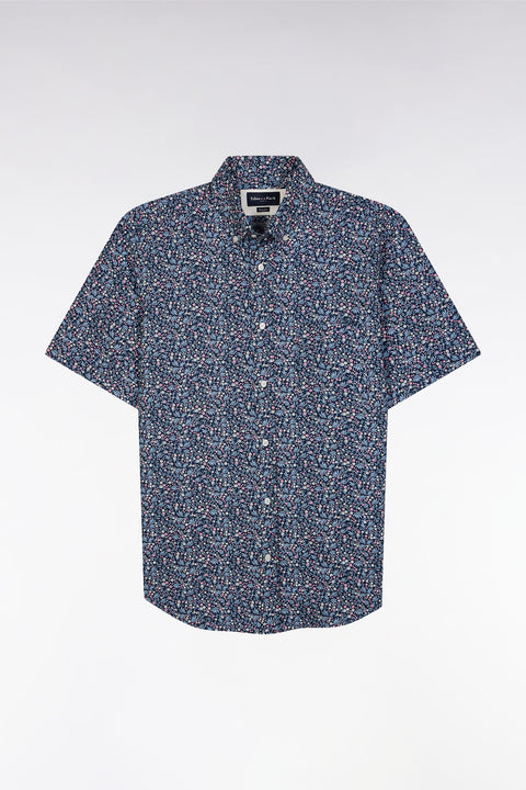 Straight short-sleeved navy shirt in cotton micro flowers print - Image 2