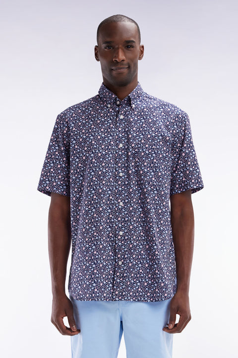 Straight short-sleeved navy shirt in cotton poplin with pink floral print - Image 1