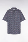 Straight short-sleeved navy shirt in cotton poplin with pink floral print