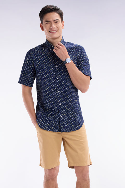 Straight short-sleeved dark grey shirt in cotton poplin with multicolored bow tie print - Image 3