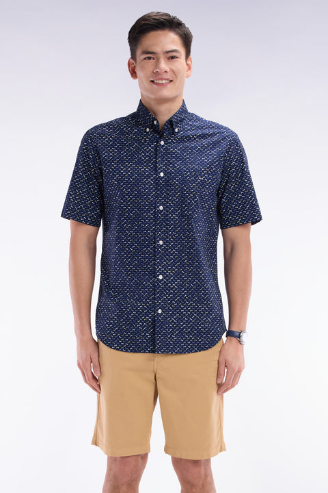 Straight short-sleeved dark grey shirt in cotton poplin with multicolored bow tie print - Image 1
