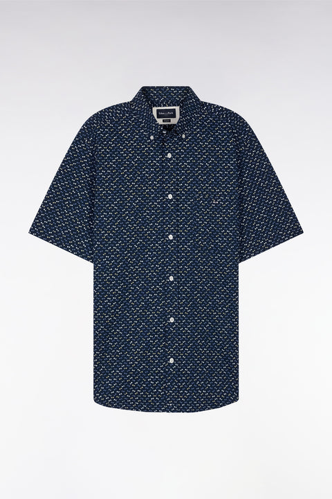Straight short-sleeved dark grey shirt in cotton poplin with multicolored bow tie print - Image 2