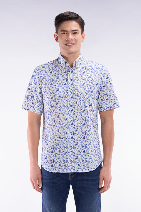 Straight short-sleeved blue shirt in cotton poplin with vegetal print - Image 1