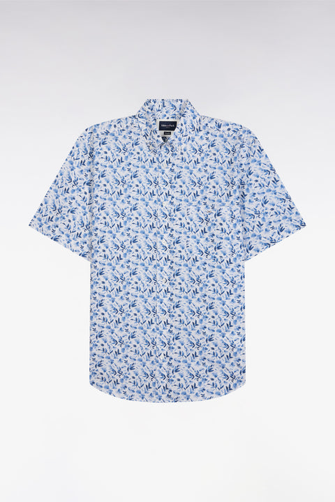Straight short-sleeved blue shirt in cotton poplin with vegetal print - Image 2