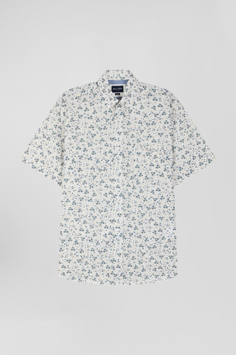 Straight short-sleeved ecru shirt in cotton poplin with grey-blue floral print - Image 2