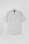 Straight short-sleeved ecru shirt in cotton poplin with grey-blue floral print