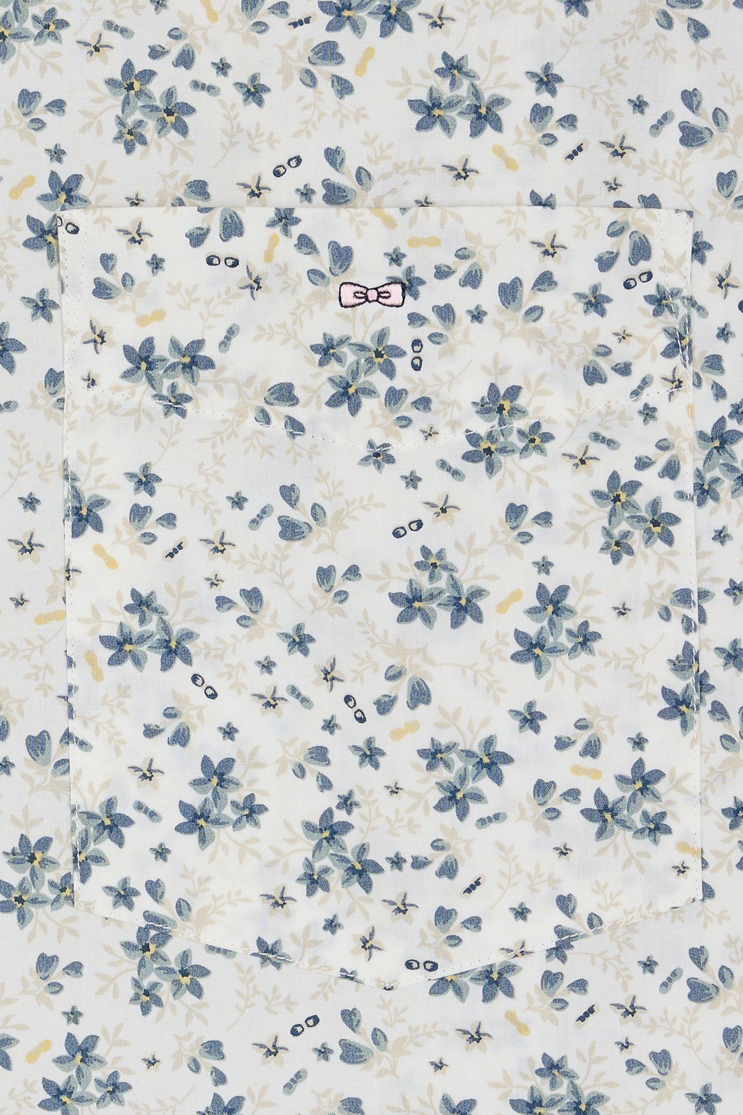 Straight short-sleeved ecru shirt in cotton poplin with grey-blue floral print
