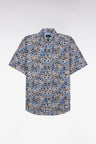 Straight short-sleeved shirt in blue cotton poplin floral print