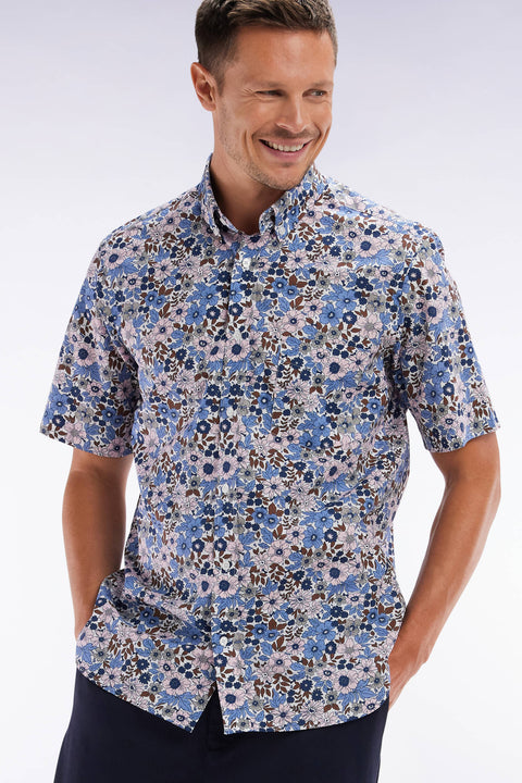 Straight short-sleeved shirt in blue cotton poplin floral print - Image 3