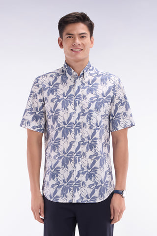 Straight short-sleeved white shirt in cotton poplin blue flower print