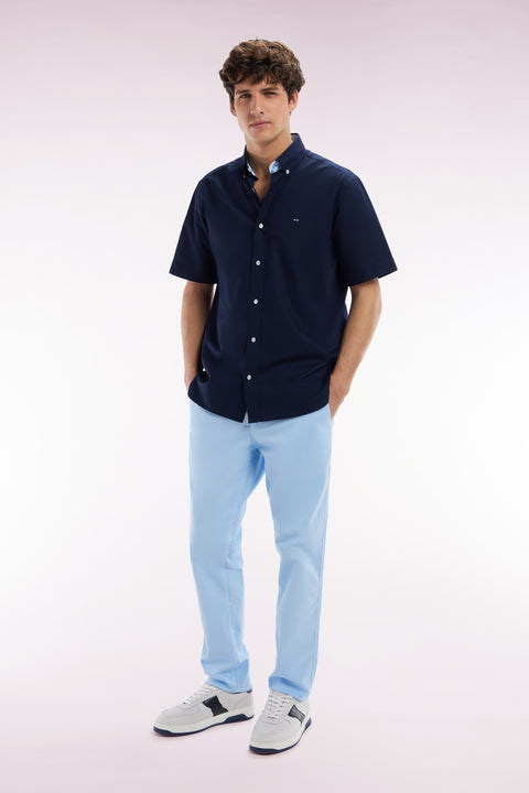 Straight short-sleeved navy shirt in cotton with sky blue back embroidery - Image 3