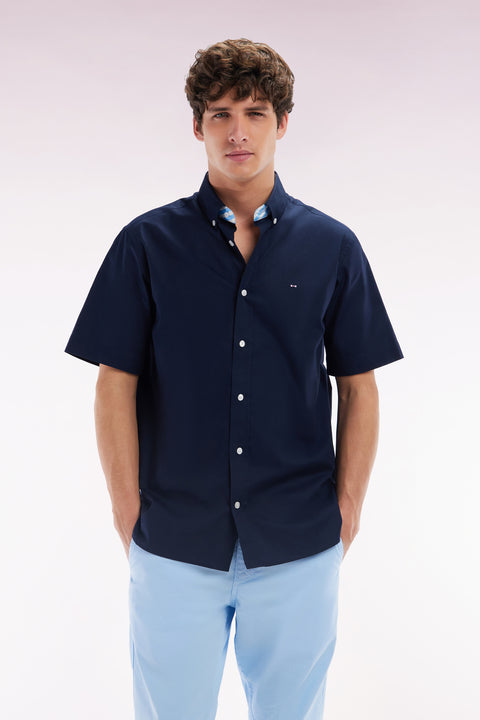 Straight short-sleeved navy shirt in cotton with sky blue back embroidery - Image 1