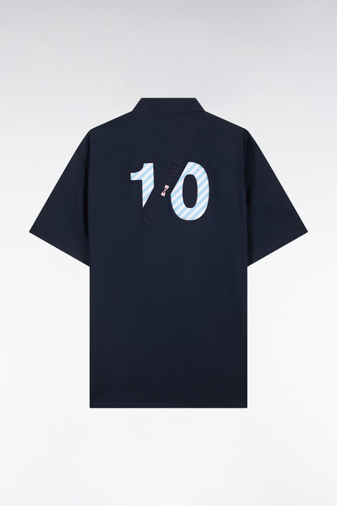 Straight short-sleeved navy shirt in cotton with sky blue back embroidery - Image 2