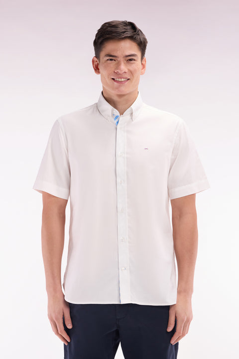 Straight short-sleeved white shirt in cotton, embroidery and full-rimmed button placket - Image 1