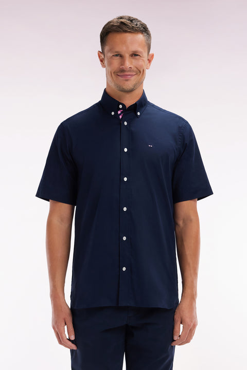 Straight short-sleeved shirt in navy cotton, embroidery and full-rimmed button placket - Image 1