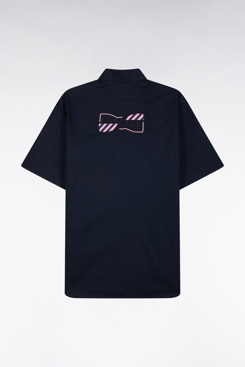 Straight short-sleeved shirt in navy cotton, embroidery and full-rimmed button placket - Image 2
