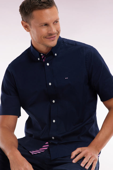 Straight short-sleeved shirt in navy cotton, embroidery and full-rimmed button placket - Image 3