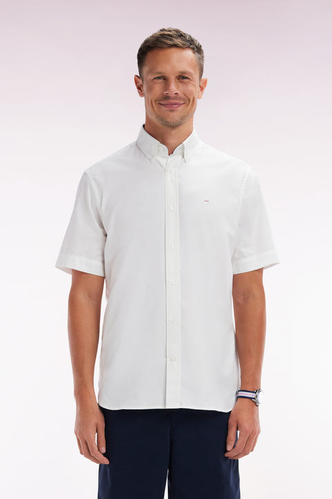 Straight short-sleeved white shirt in cotton poplin with pink rimmed back embroidery - Image 1