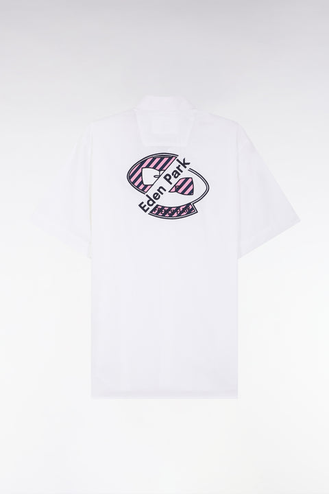 Straight short-sleeved white shirt in cotton poplin with pink rimmed back embroidery - Image 2