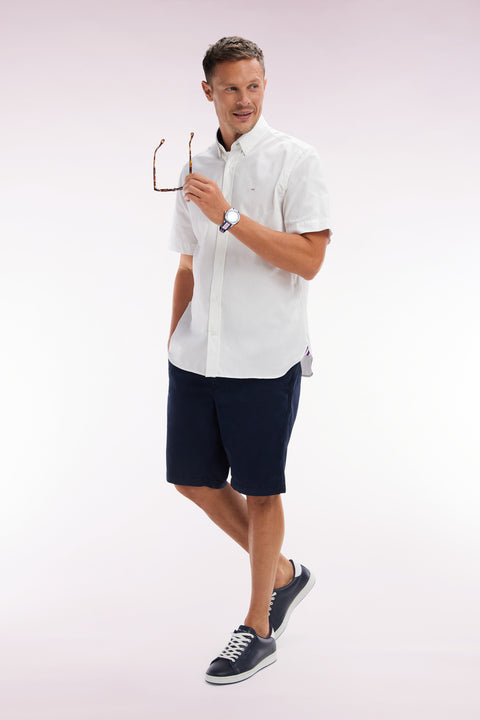 Straight short-sleeved white shirt in cotton poplin with pink rimmed back embroidery - Image 3
