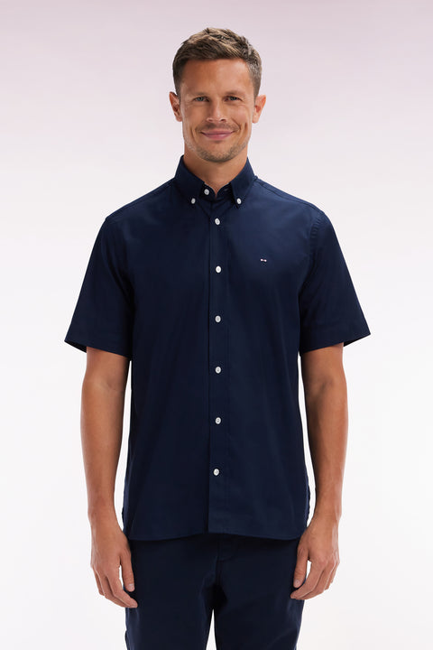 Straight short-sleeved navy shirt in cotton poplin with sky blue rimmed back embroidery - Image 1