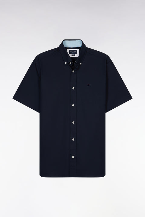 Straight short-sleeved navy shirt in cotton poplin with sky blue rimmed back embroidery - Image 2