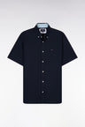 Straight short-sleeved navy shirt in cotton poplin with sky blue rimmed back embroidery