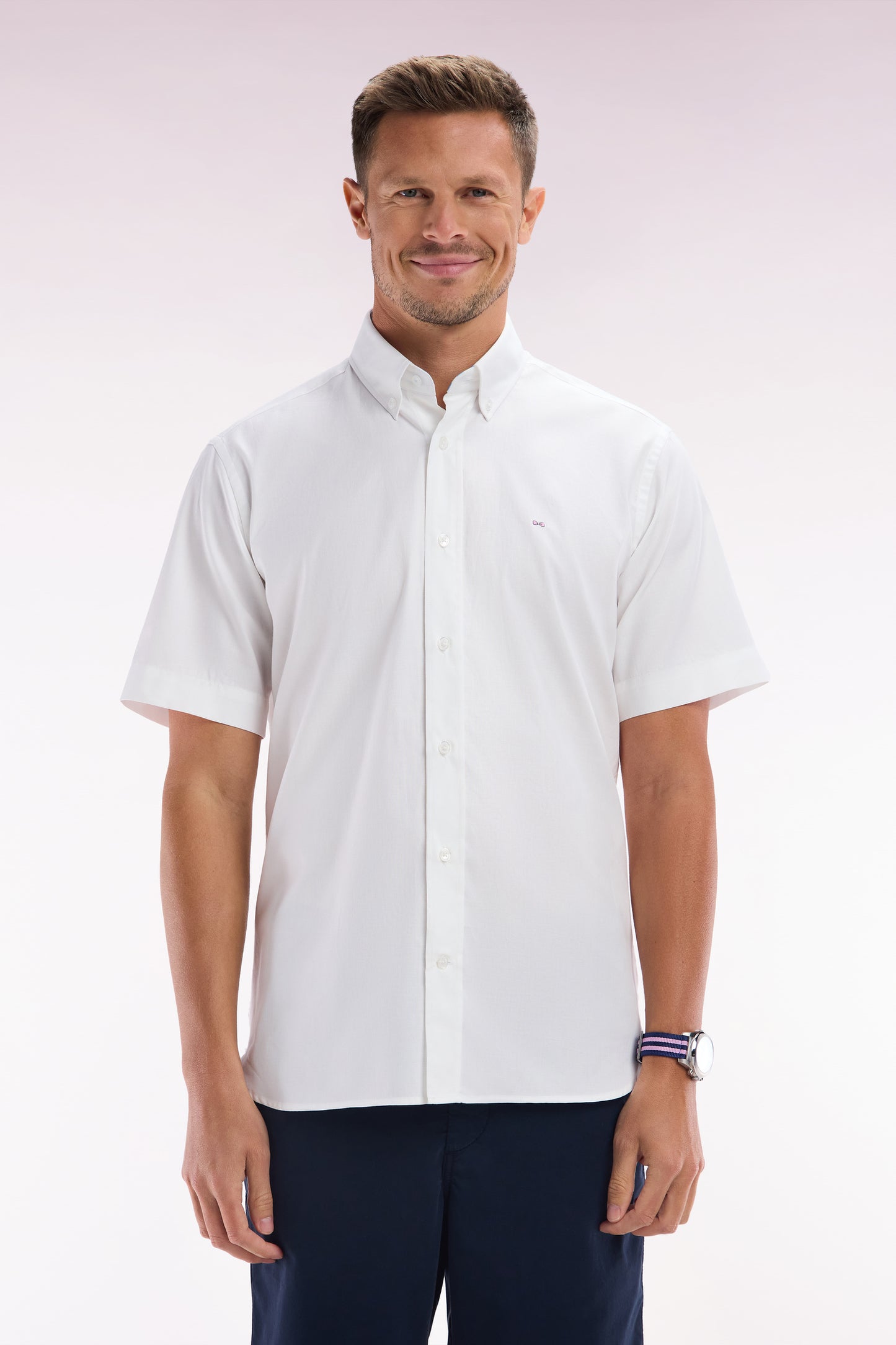 Straight short-sleeved shirt in white cotton with Eden Park embroidery