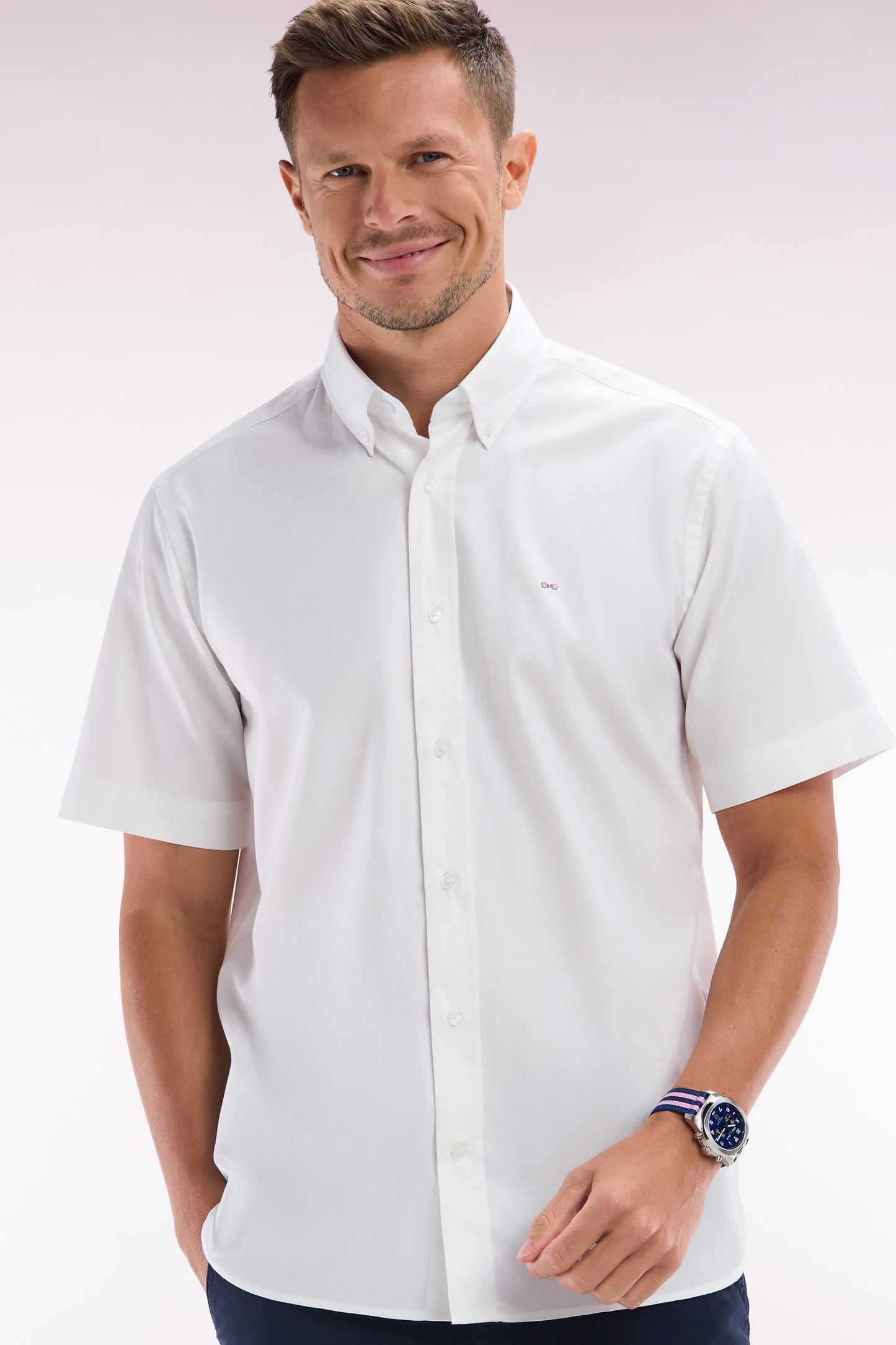 Straight short-sleeved shirt in white cotton with Eden Park embroidery