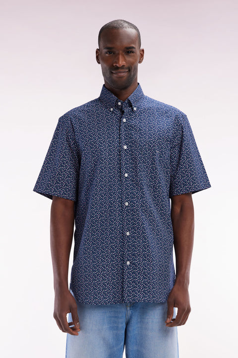 Straight short-sleeved shirt in navy cotton poplin bow tie micropattern - Image 1