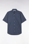 Straight short-sleeved shirt in navy cotton poplin bow tie micropattern