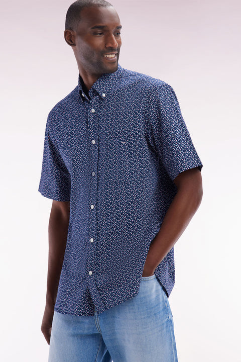 Straight short-sleeved shirt in navy cotton poplin bow tie micropattern - Image 3