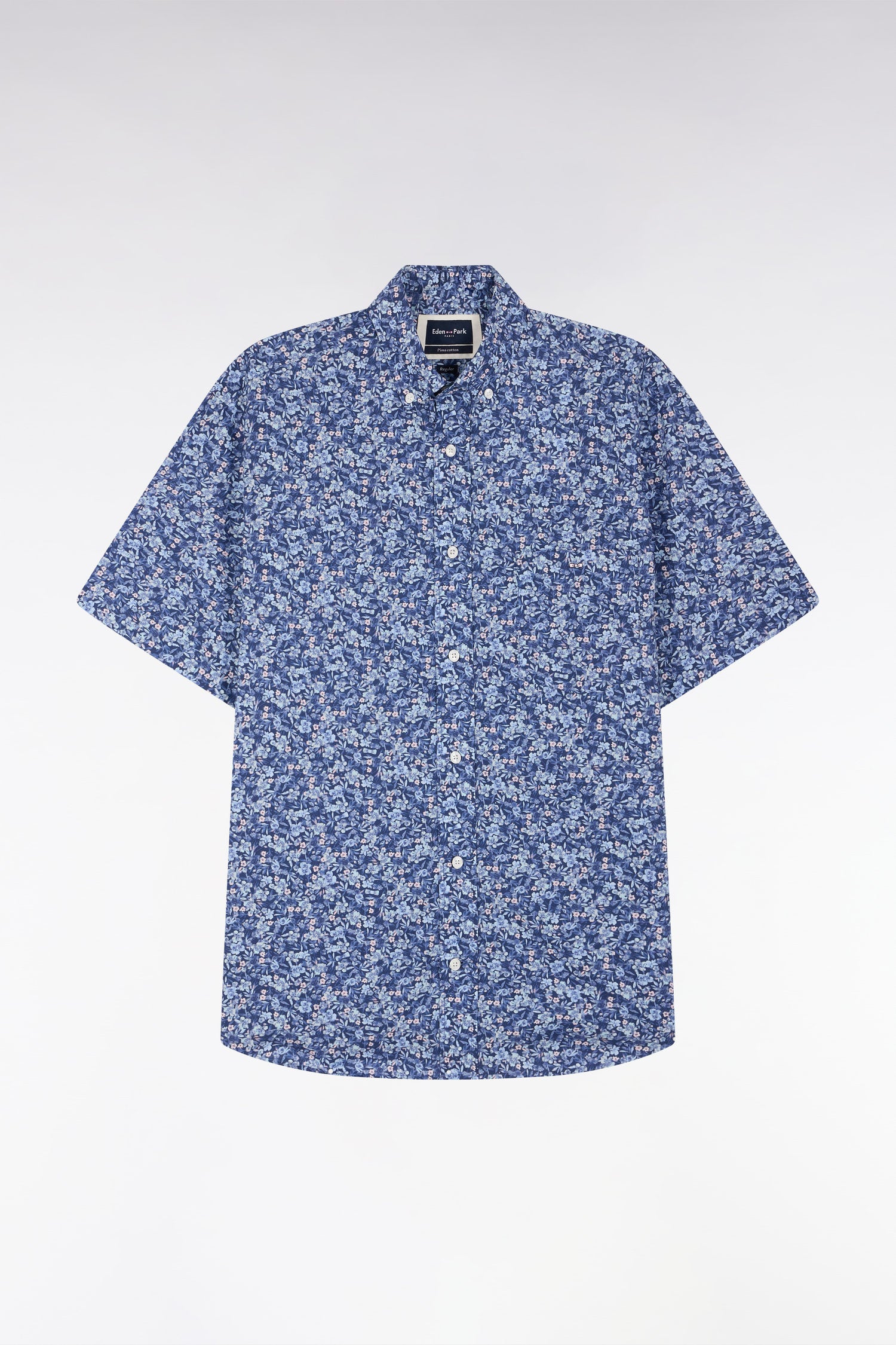 Chemise à manches courtes en popeline de coton Pima bleue micromotif floral coupe droite