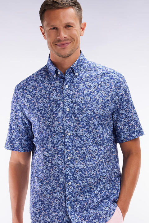Straight short-sleeved shirt in Pima cotton poplin blue micro floral pattern - Image 3