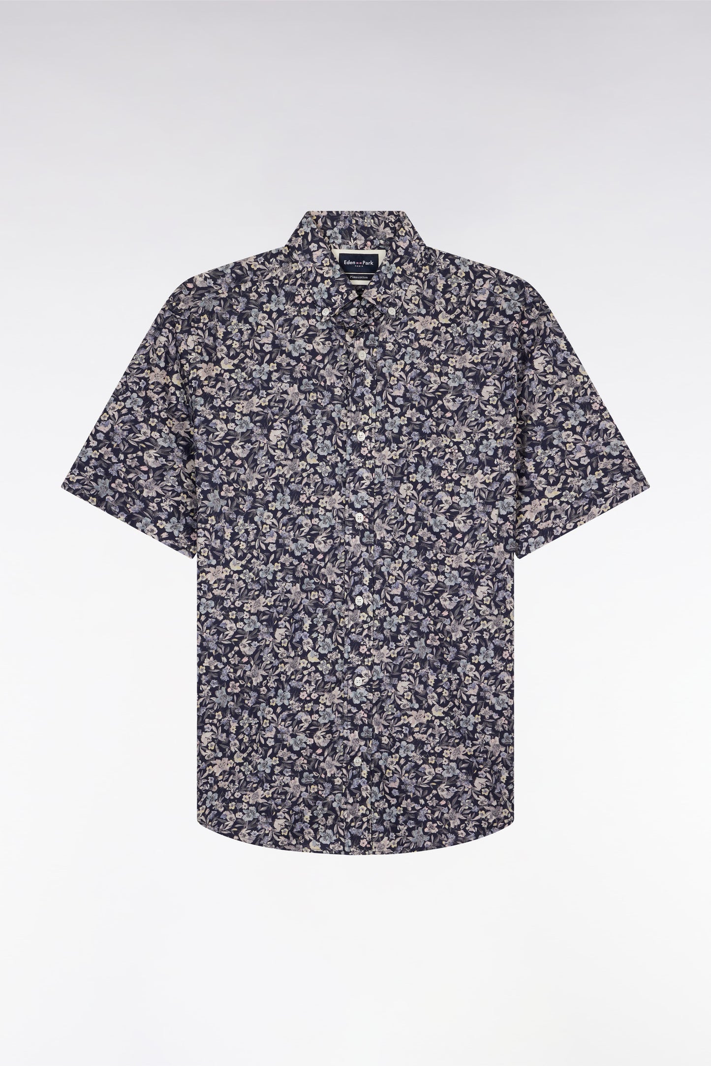 Straight short-sleeved dark grey shirt in Pima cotton poplin floral micropattern