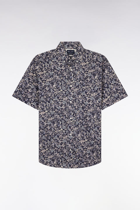 Straight short-sleeved dark grey shirt in Pima cotton poplin floral micropattern - Image 2