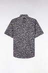 Straight short-sleeved dark grey shirt in Pima cotton poplin floral micropattern