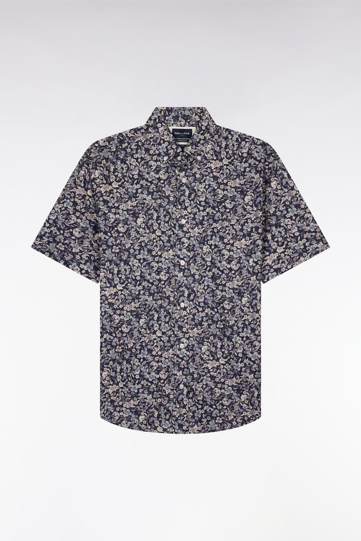 Chemise à manches courtes en popeline de coton Pima gris foncé micromotif floral coupe droite