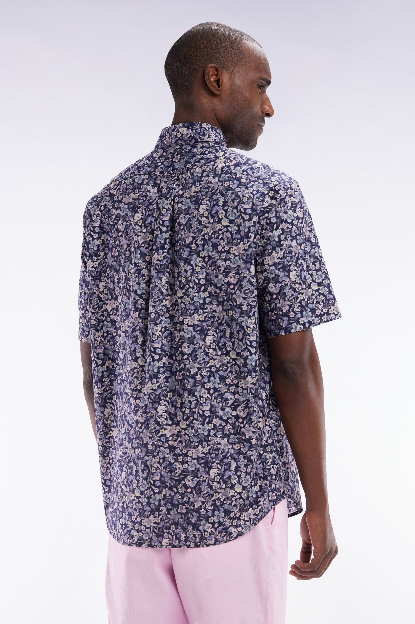 Straight short-sleeved dark grey shirt in Pima cotton poplin floral micropattern