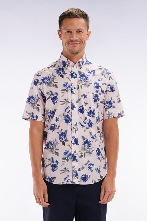 Straight short-sleeved pink shirt in Pima cotton poplin blue floral pattern - Image 1