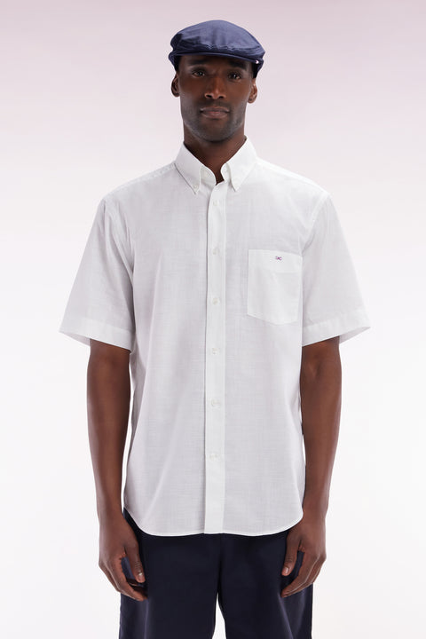 Straight short-sleeved white shirt in textured cotton - Image 1