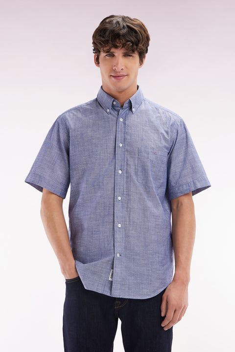 Straight short-sleeved dark blue shirt in textured cotton - Image 1