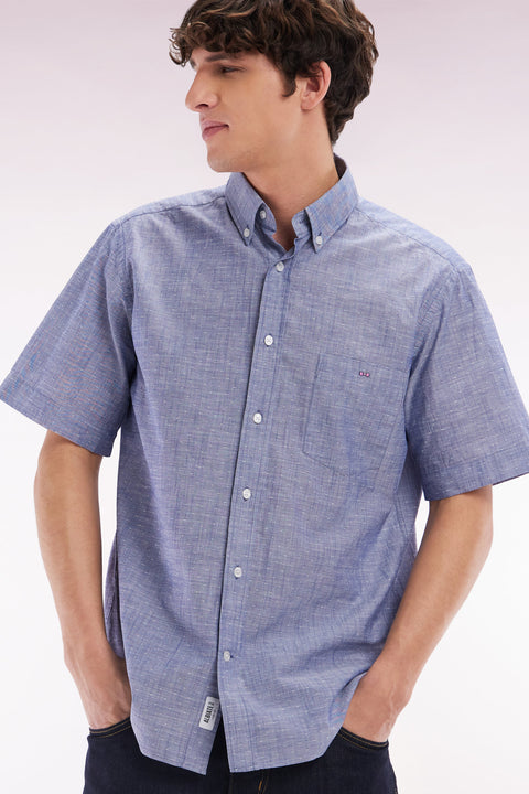 Straight short-sleeved dark blue shirt in textured cotton - Image 3